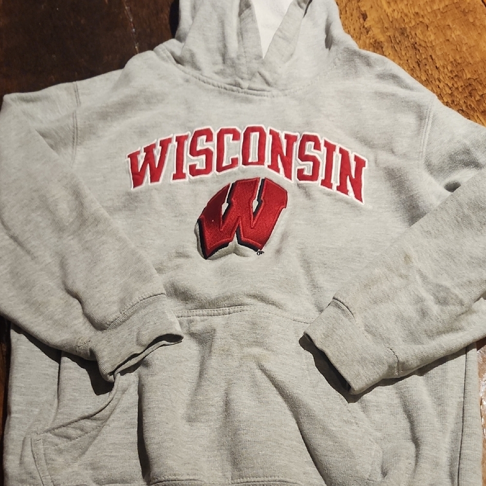 Wisconsin Gray Hoodie with Red Logo
